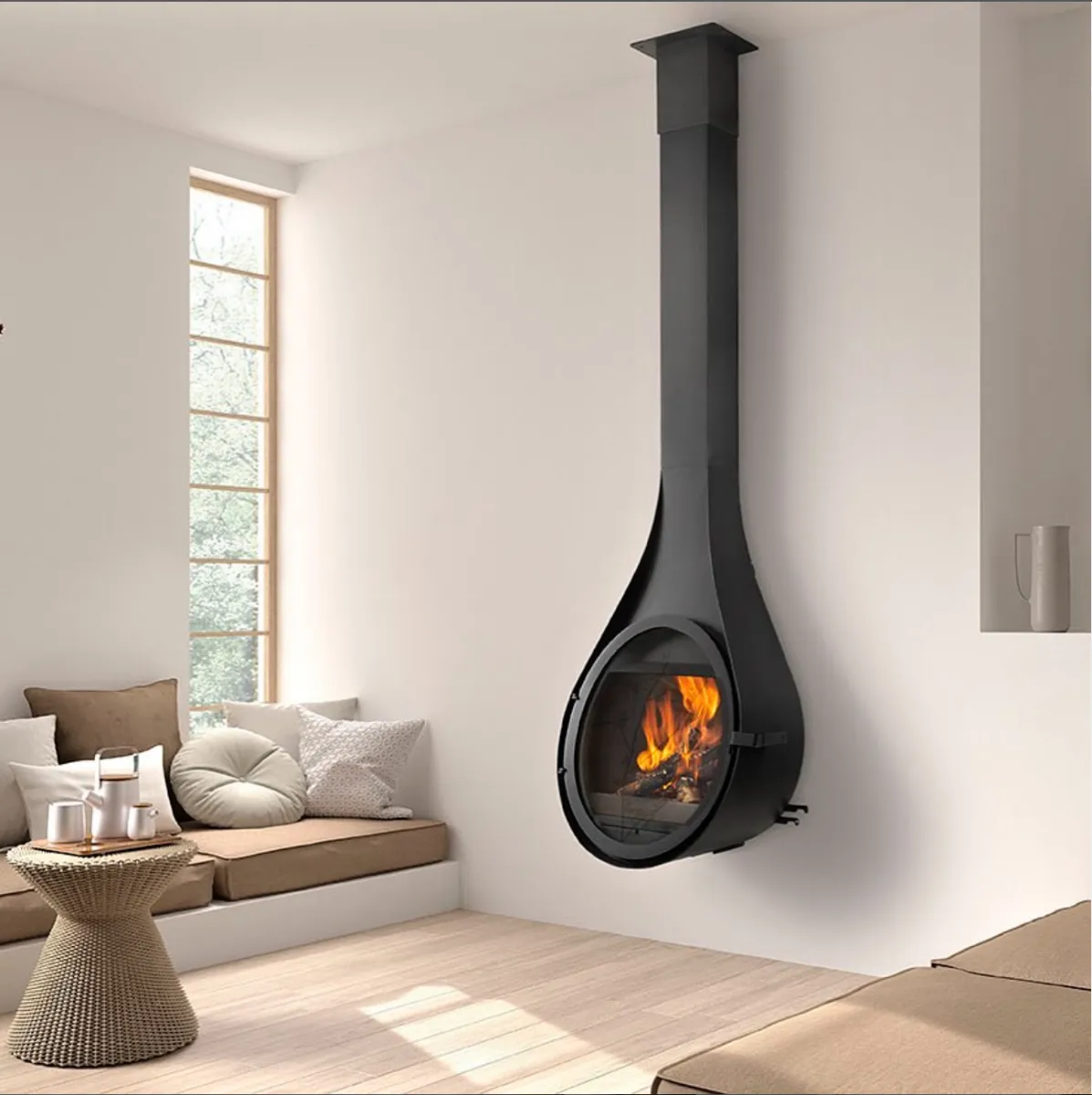 Designový závěsný krb Angle v moderním interiéru