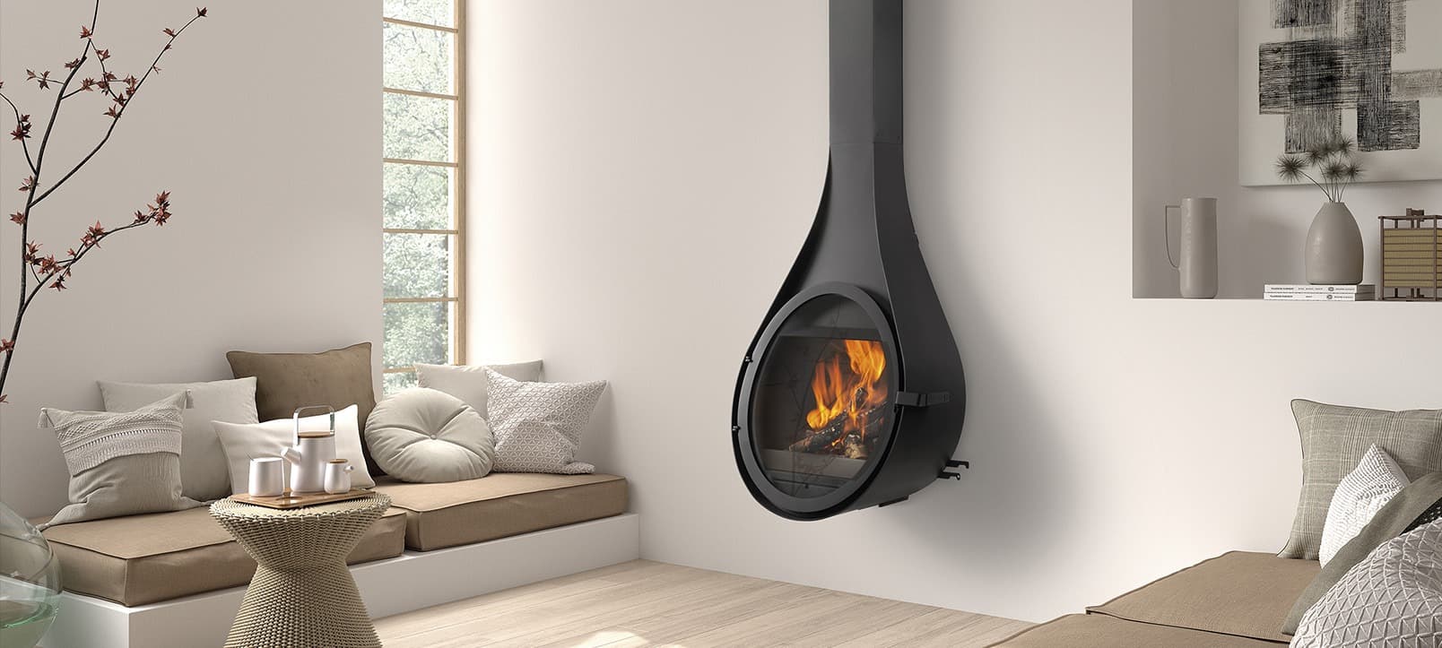 Designový závěsný krb v moderním obývacím pokoji